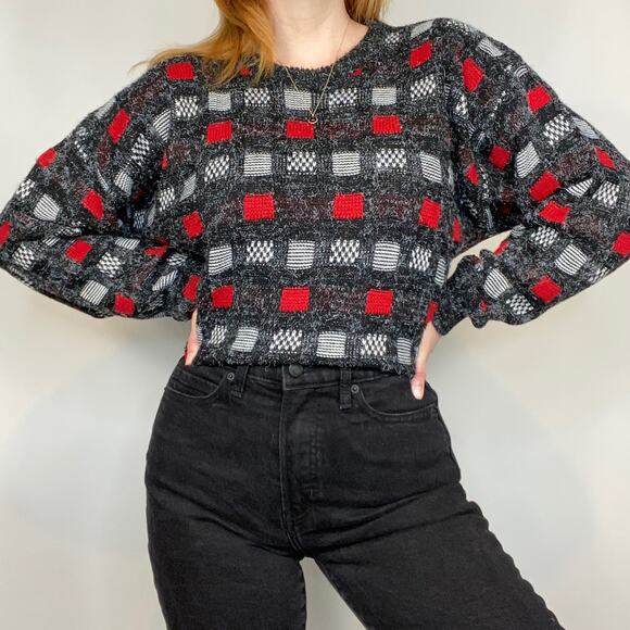 Vintage New Era Large Red & Gray Checkered Crewneck Dad/Grandpa Sweater - Picture 2 of 10